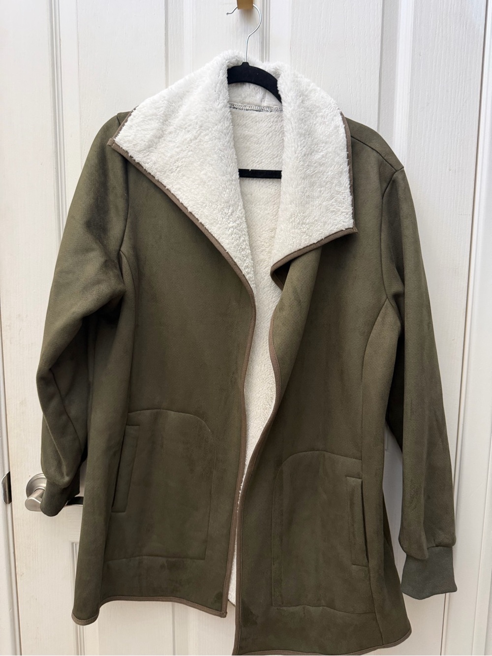 Women’s Olive Green Faux-Suede Sherpa Coat